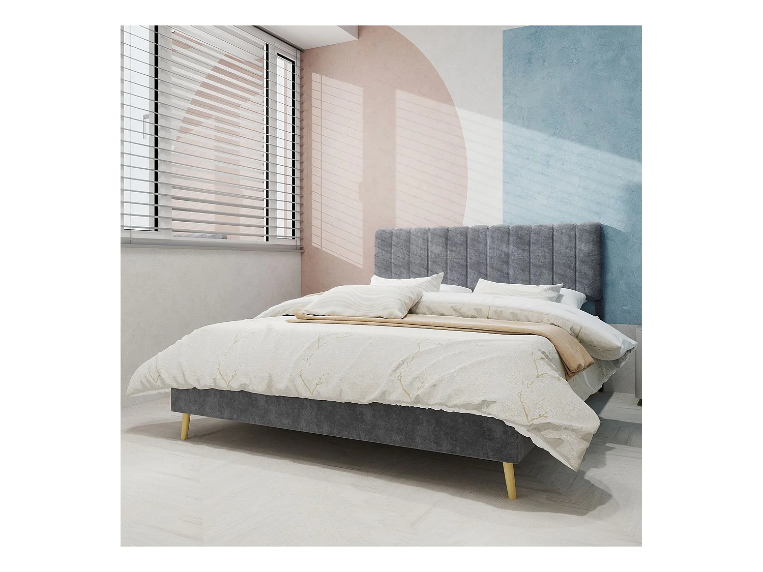 Cama de adulto 140 x 200 cm - Cama de casal com cabeceira macia e pés em madeira - veludo cinza - colchão não incluído