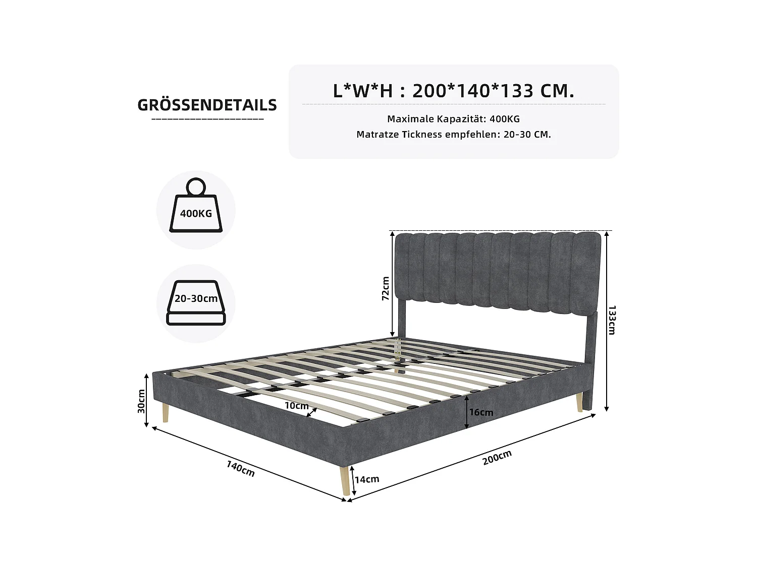 Cama de adulto 140 x 200 cm - Cama de casal com cabeceira macia e pés em madeira - veludo cinza - colchão não incluído