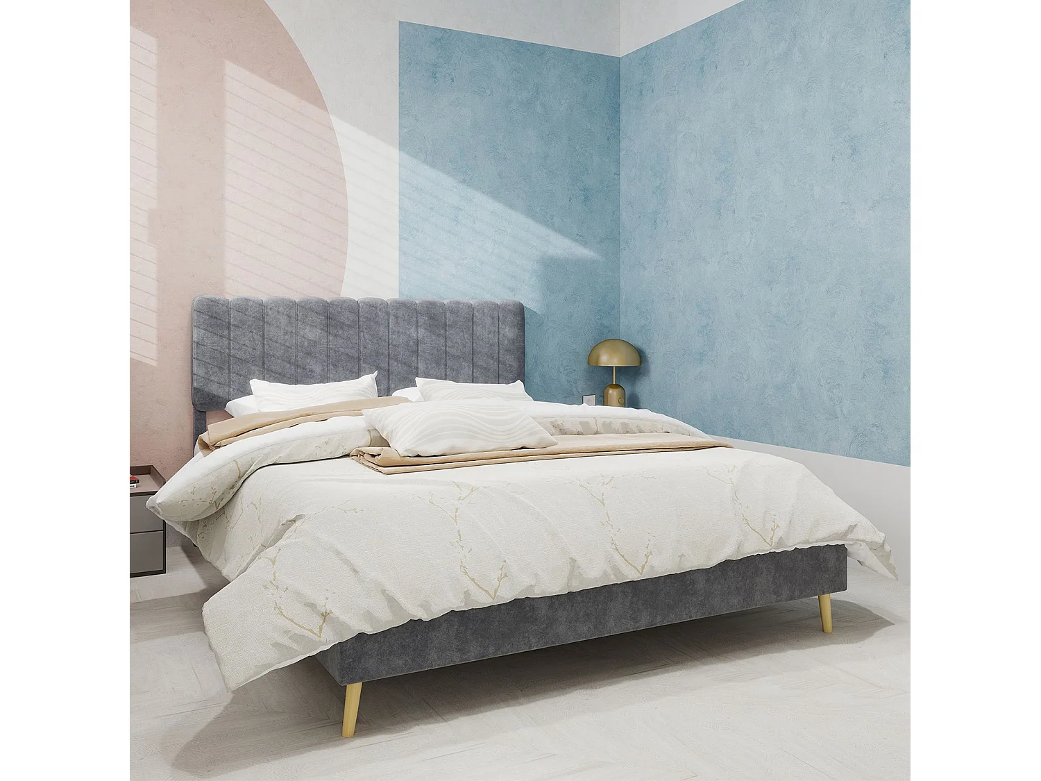 Lit adulte 140 x 200 cm - Lit double avec tête de lit moelleuse et pieds en bois - velours gris - matelas non inclus