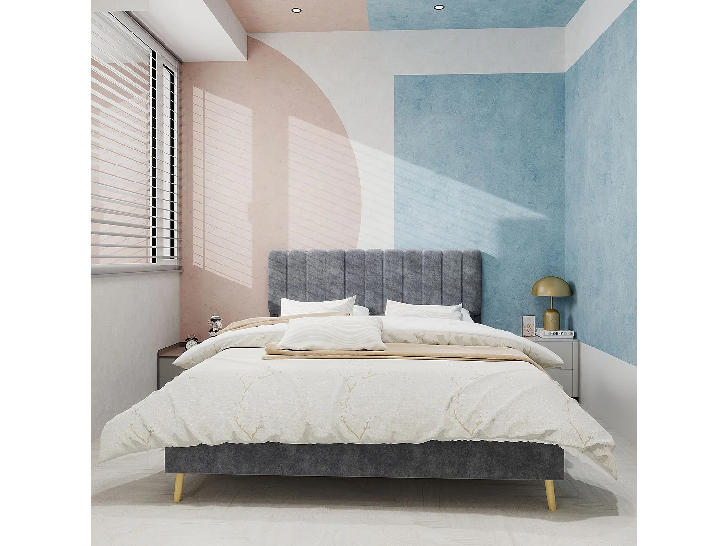 Lit adulte 140 x 200 cm - Lit double avec tête de lit moelleuse et pieds en bois - velours gris - matelas non inclus