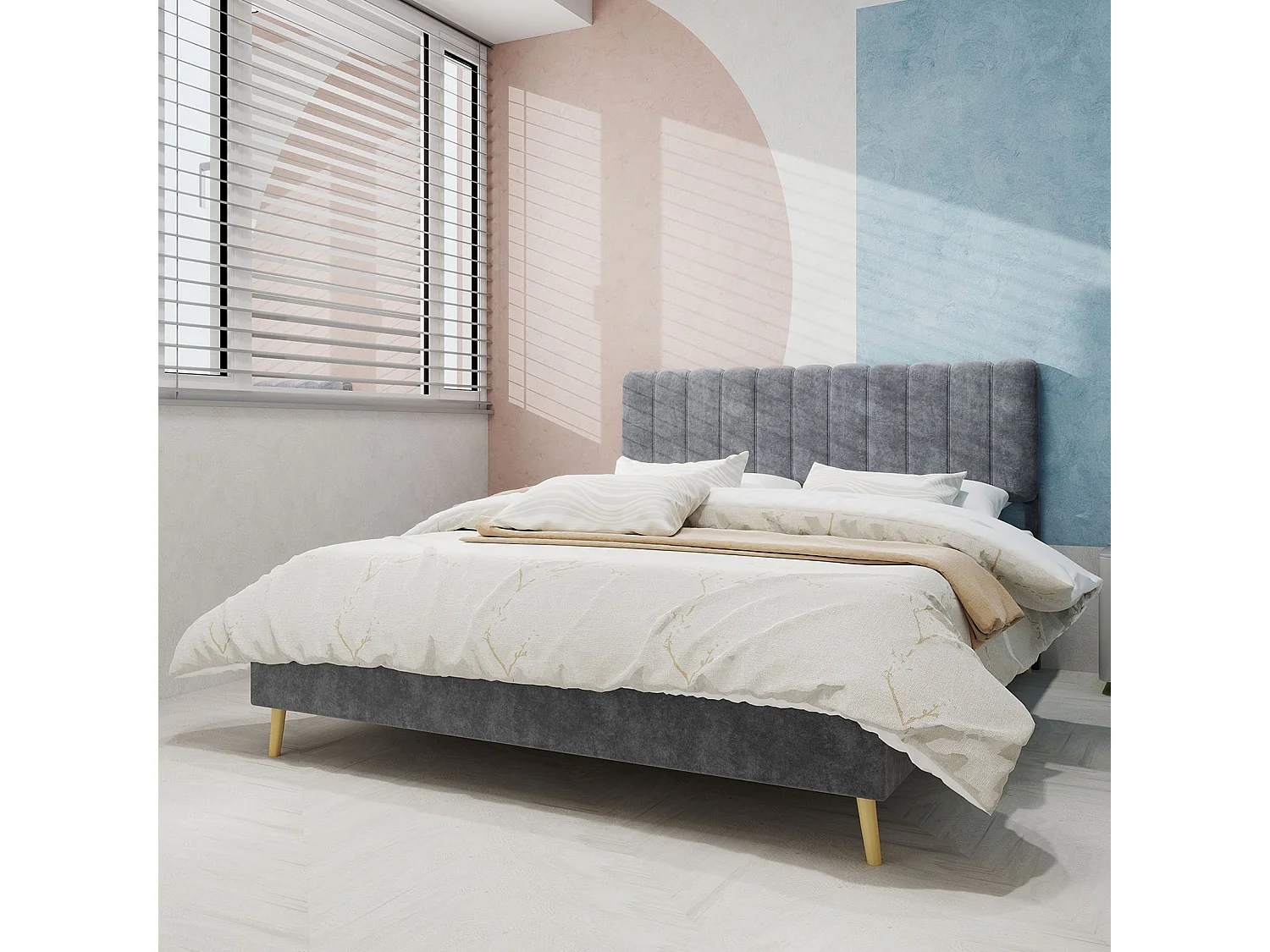 Lit adulte 140 x 200 cm - Lit double avec tête de lit moelleuse et pieds en bois - velours gris - matelas non inclus