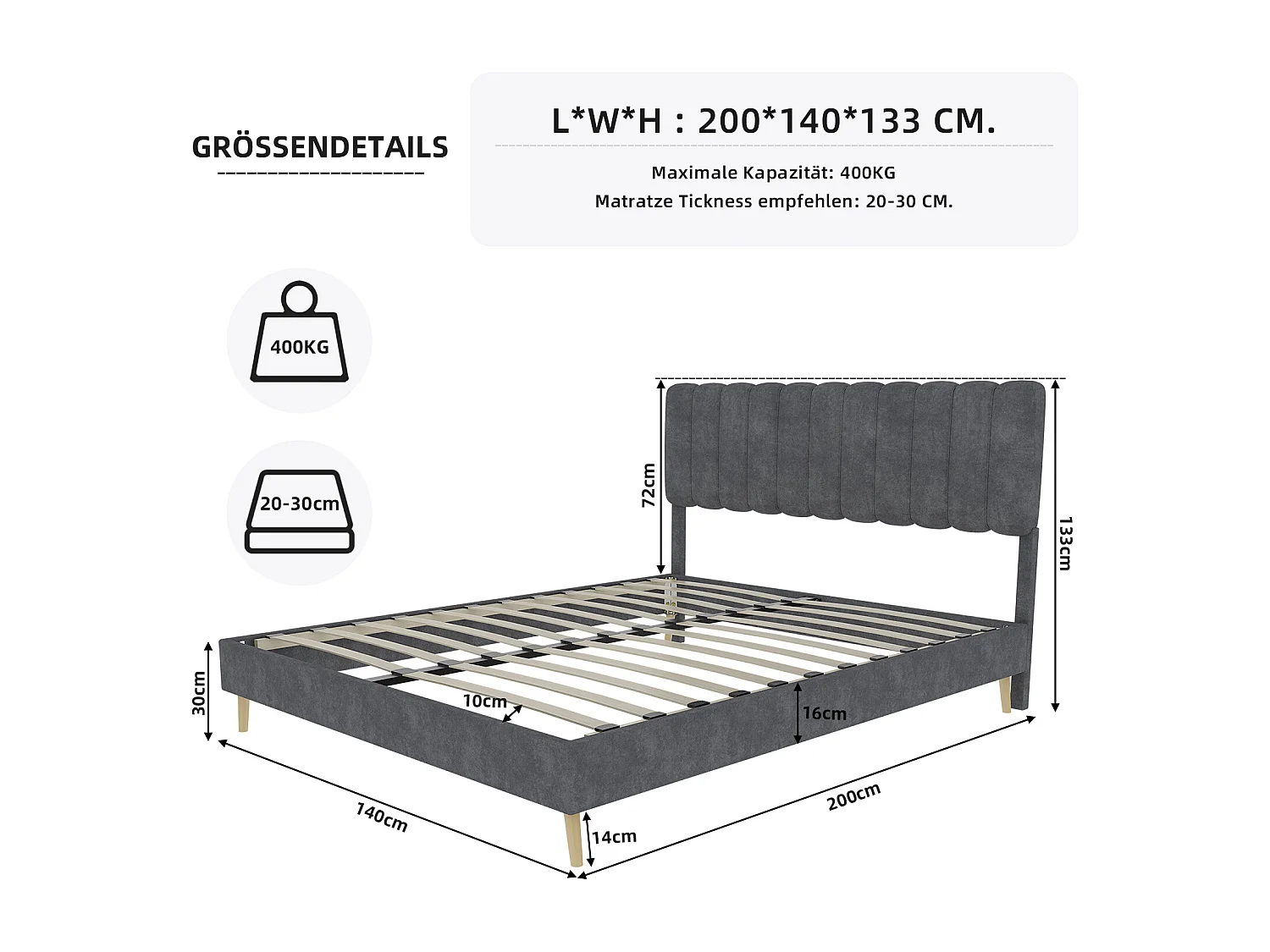 Lit adulte 140 x 200 cm - Lit double avec tête de lit moelleuse et pieds en bois - velours gris - matelas non inclus