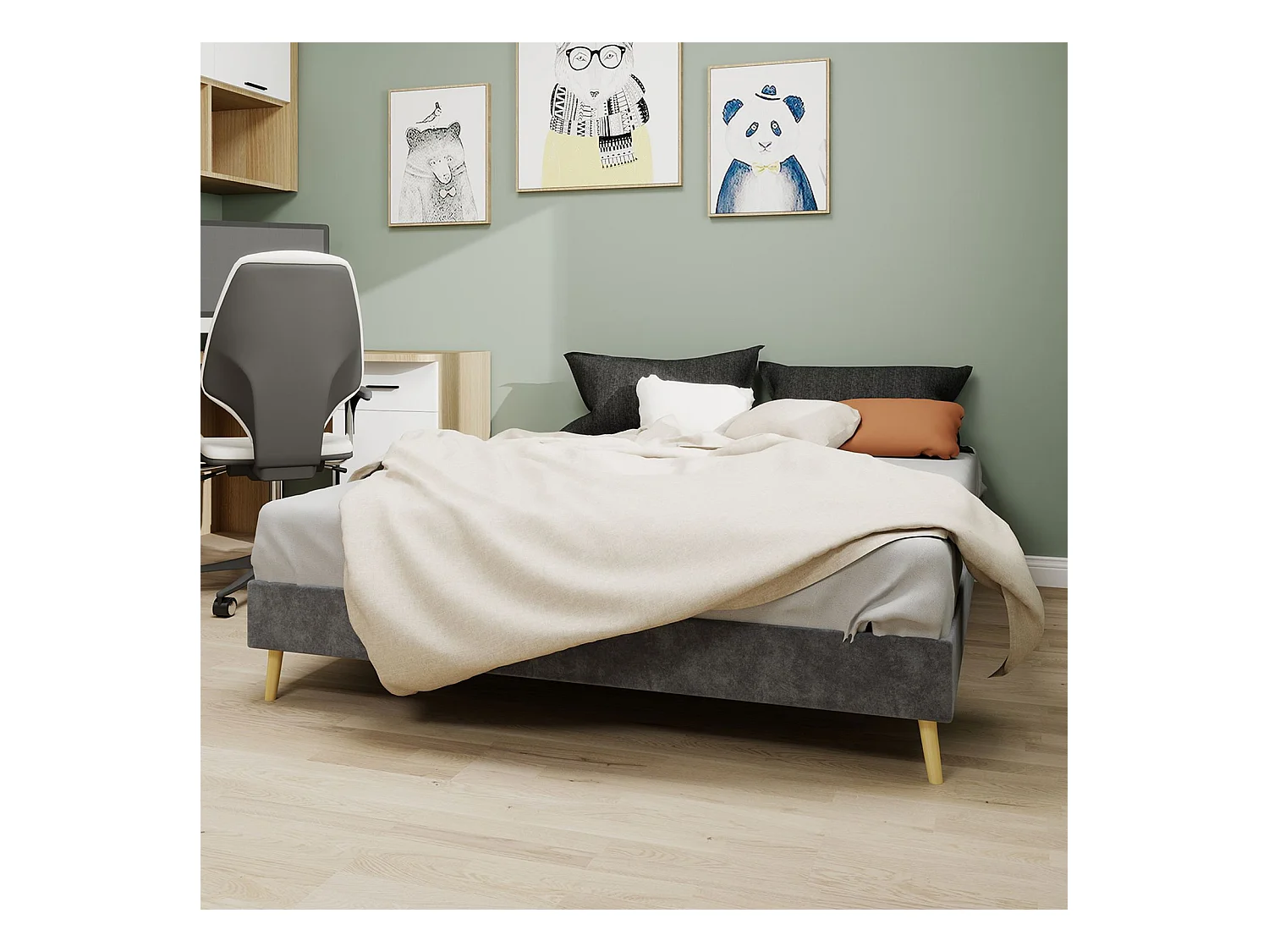 Erwachsenenbett 160 x 200 cm – Doppelbett mit Holzbeinen – grauer Samt – Matratze nicht enthalten