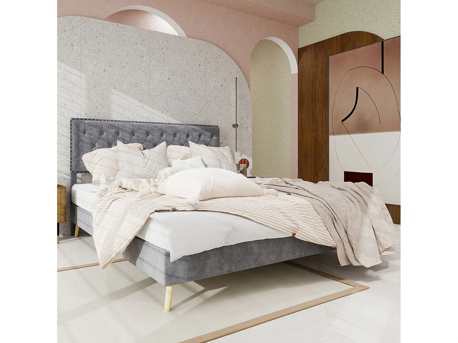 Lit adulte 140 x 200 cm - Lit double avec tête de lit moelleuse et pieds en bois - velours gris - sans matelas