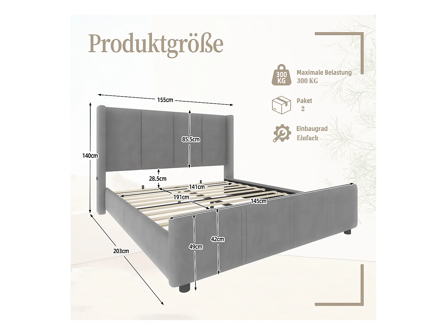 Lit adulte 140 x 190 cm - Lit double avec tête et pied de lit surélevés - velours gris - matelas non inclus