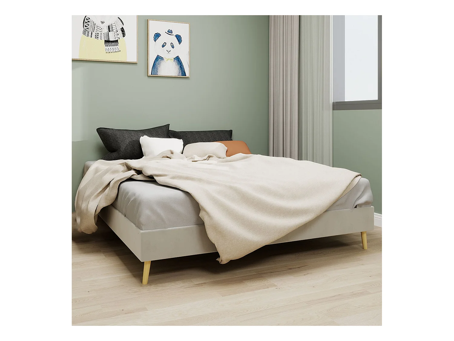 Erwachsenenbett 140 x 200 cm - Doppelbett mit Holzbeinen - beiger Samt - Matratze nicht enthalten