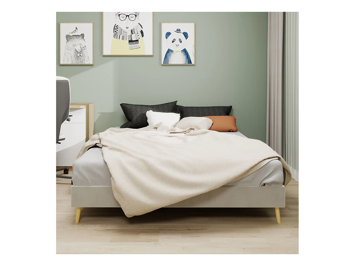 Erwachsenenbett 140 x 200 cm - Doppelbett mit Holzbeinen - beiger Samt - Matratze nicht enthalten