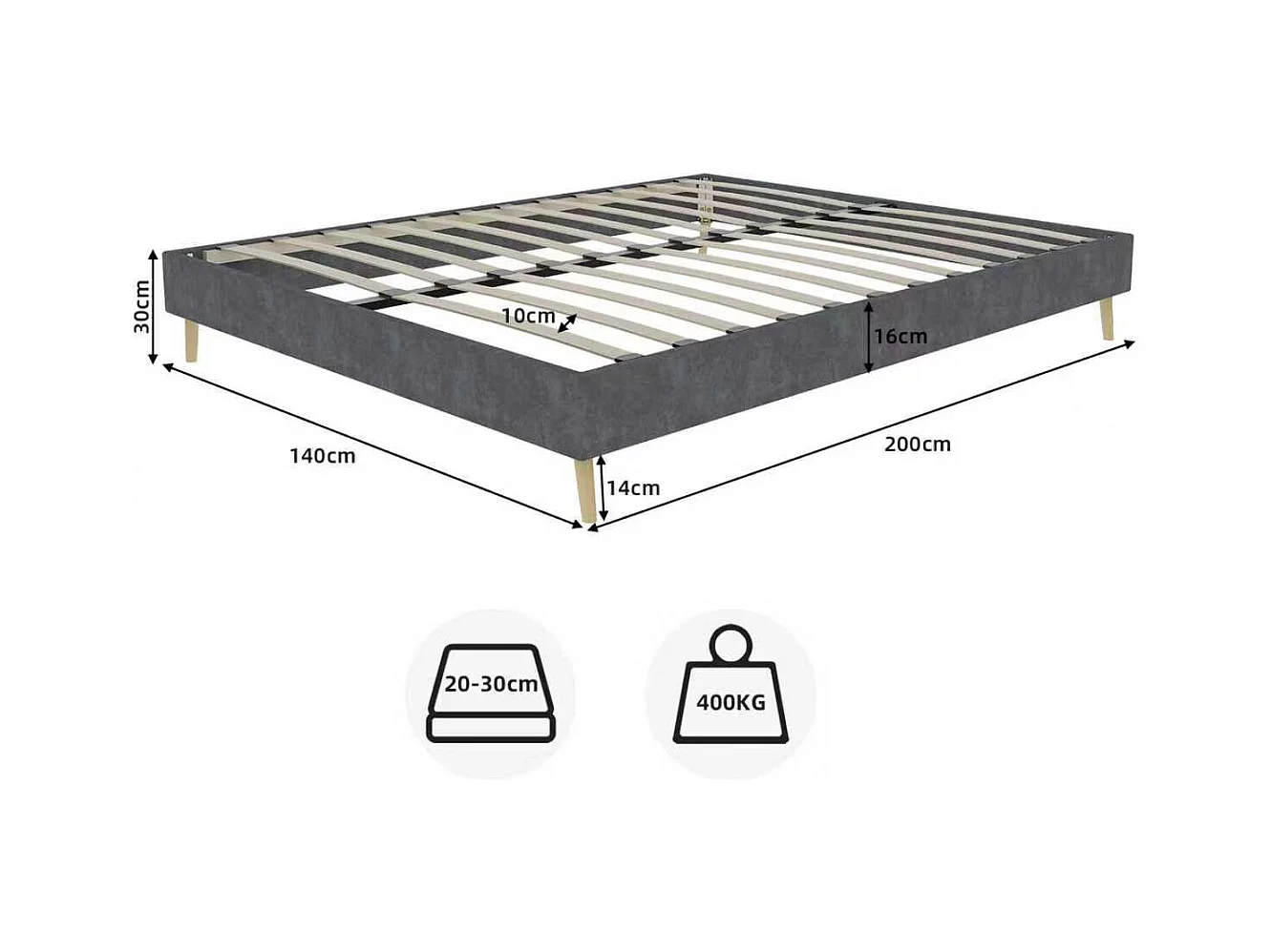 Erwachsenenbett 140 x 200 cm - Doppelbett mit Holzbeinen - beiger Samt - Matratze nicht enthalten