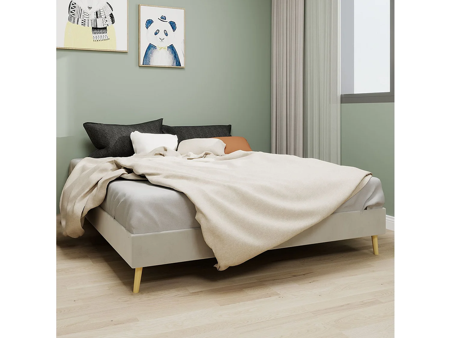 Lit adulte 140 x 200 cm - Lit double avec pieds en bois - velours beige - matelas non inclus