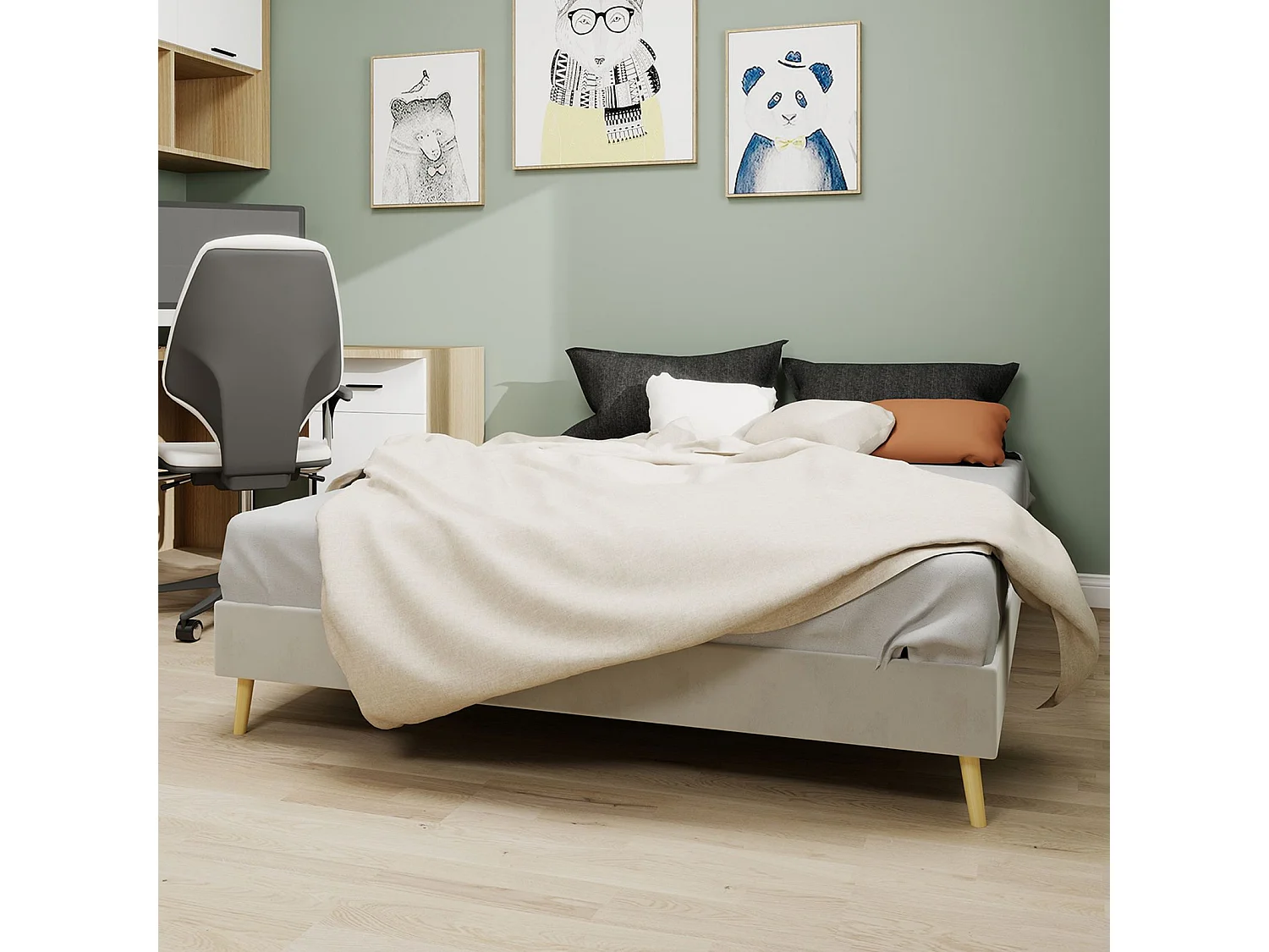 Lit adulte 140 x 200 cm - Lit double avec pieds en bois - velours beige - matelas non inclus
