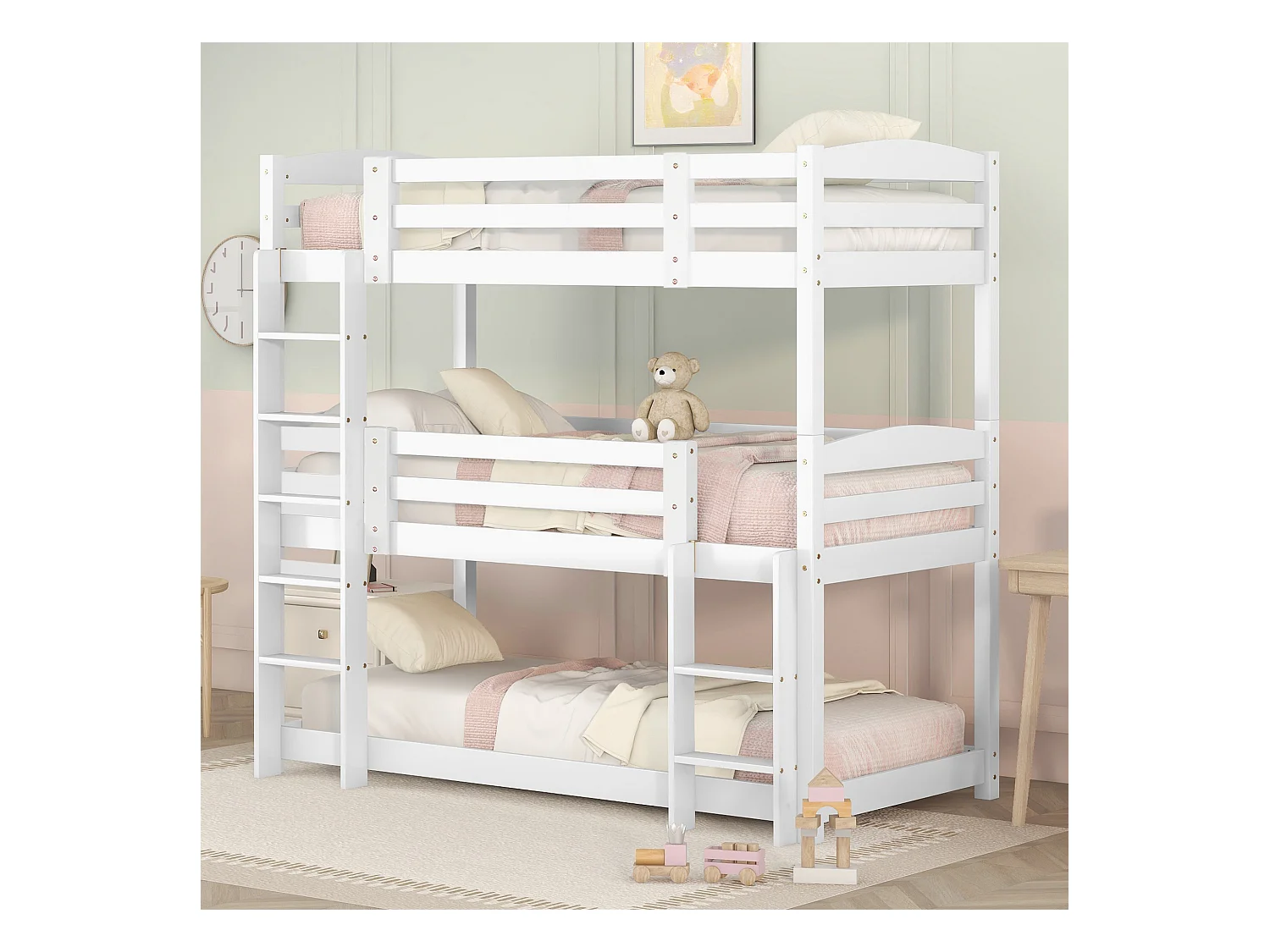 Lit superposé triple 90 x 200 cm - Lit enfant avec escalier et barrière de sécurité - bois blanc - matelas non inclus