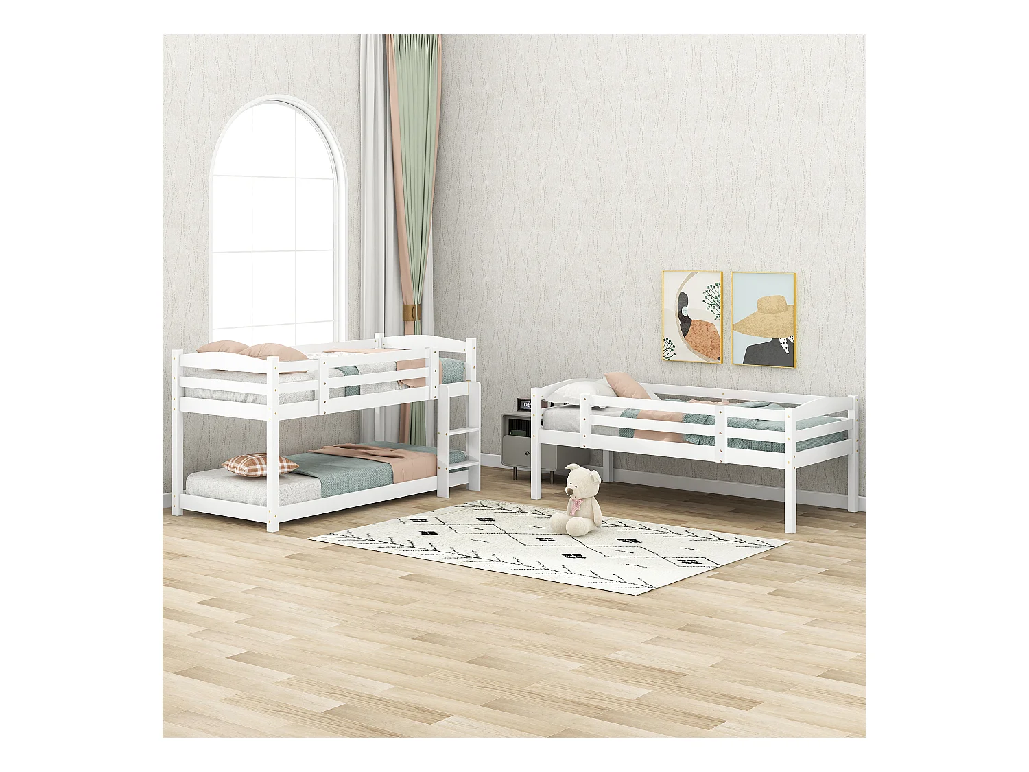Dreier-Etagenbett 90 x 200 cm - Kinderbett mit Treppe und Sicherheitsbarriere - weißes Holz - Matratze nicht enthalten