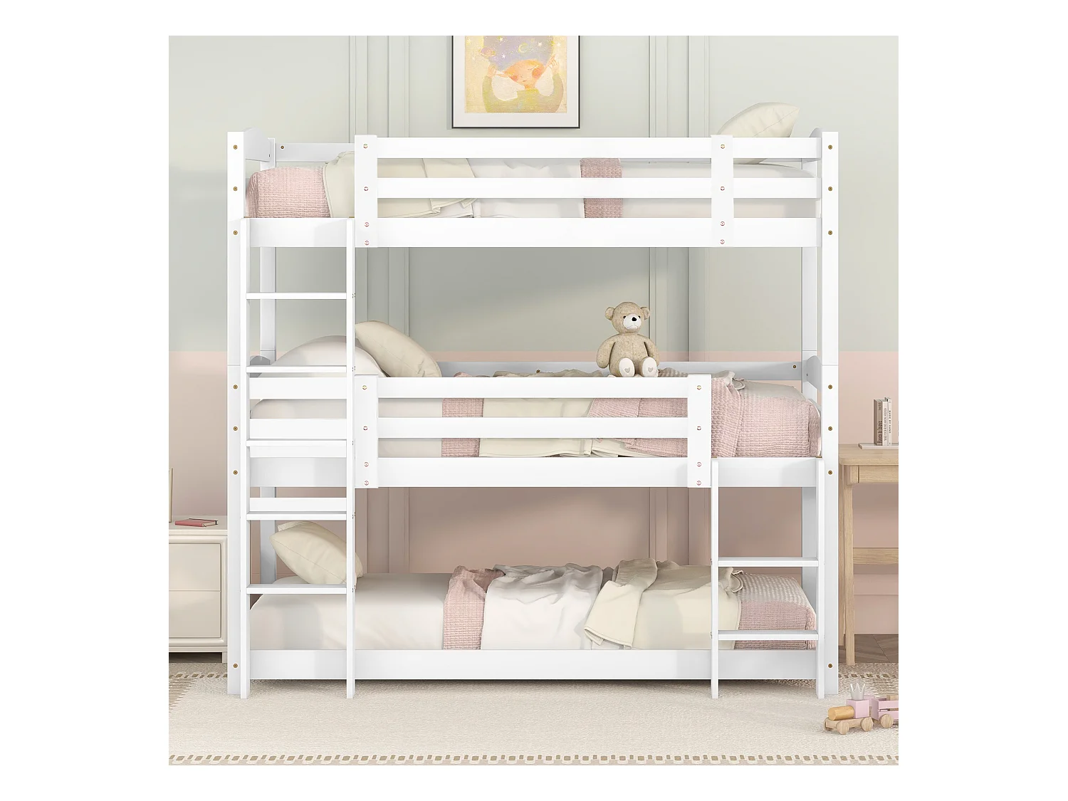 Dreier-Etagenbett 90 x 200 cm - Kinderbett mit Treppe und Sicherheitsbarriere - weißes Holz - Matratze nicht enthalten