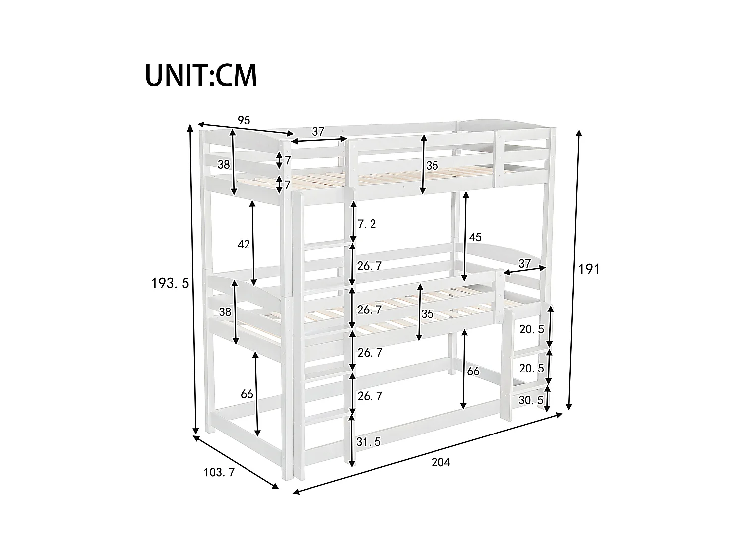 Dreier-Etagenbett 90 x 200 cm - Kinderbett mit Treppe und Sicherheitsbarriere - weißes Holz - Matratze nicht enthalten