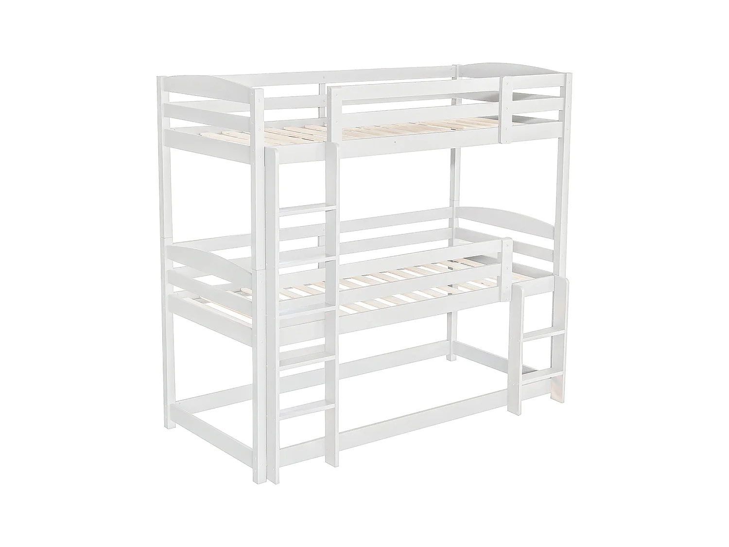 Dreier-Etagenbett 90 x 200 cm - Kinderbett mit Treppe und Sicherheitsbarriere - weißes Holz - Matratze nicht enthalten