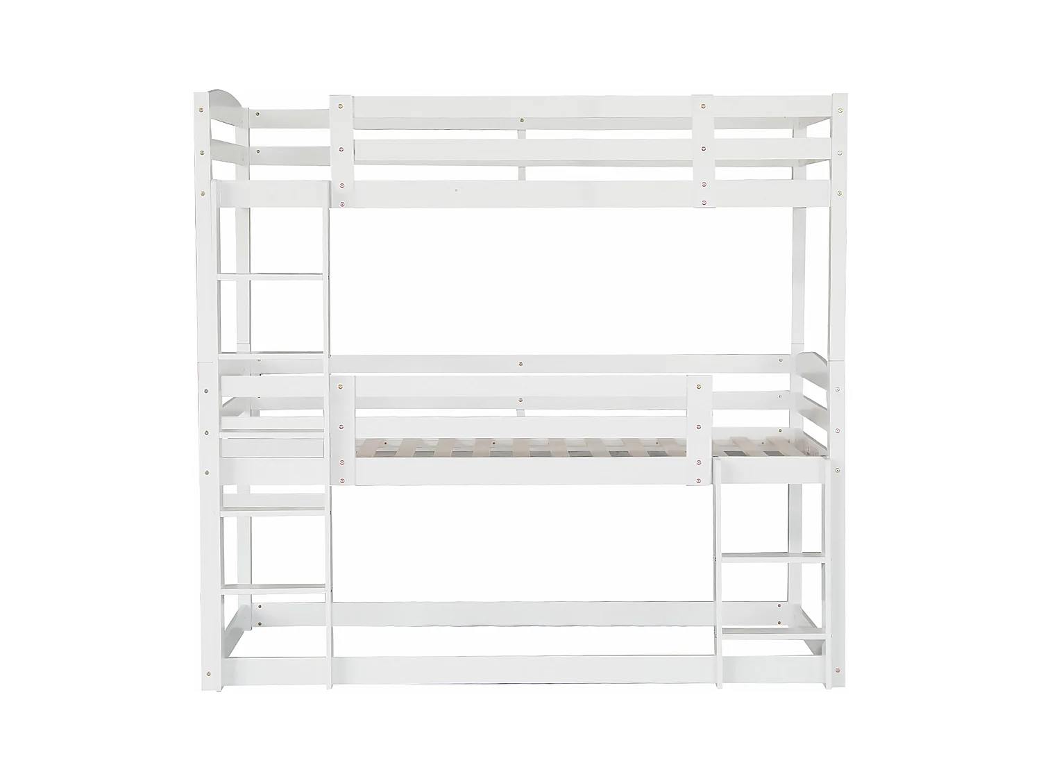 Dreier-Etagenbett 90 x 200 cm - Kinderbett mit Treppe und Sicherheitsbarriere - weißes Holz - Matratze nicht enthalten
