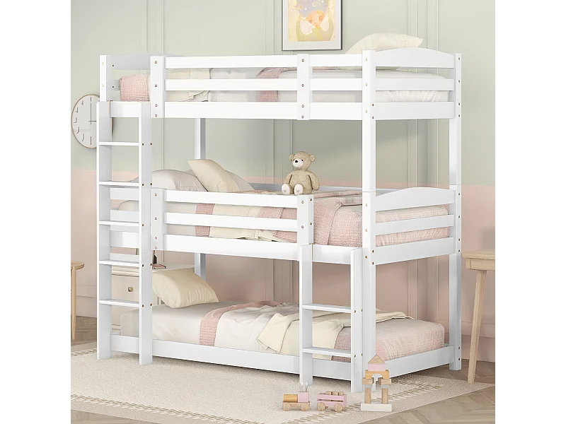 Litera triple 90x200 cm - Cama infantil con escalera y barrera de seguridad - madera blanca - colchón no incluido