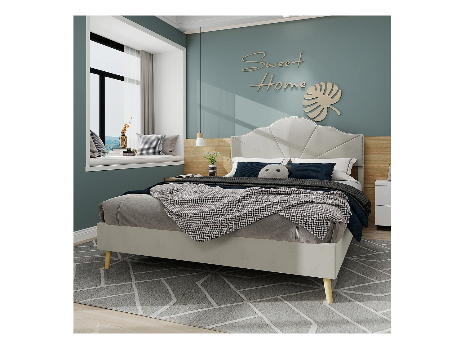 Łóżko dla dorosłych 140 x 200 cm - Łóżko dwuosobowe z miękkim zagłówkiem i drewnianymi nogami - beżowy aksamit holenderski