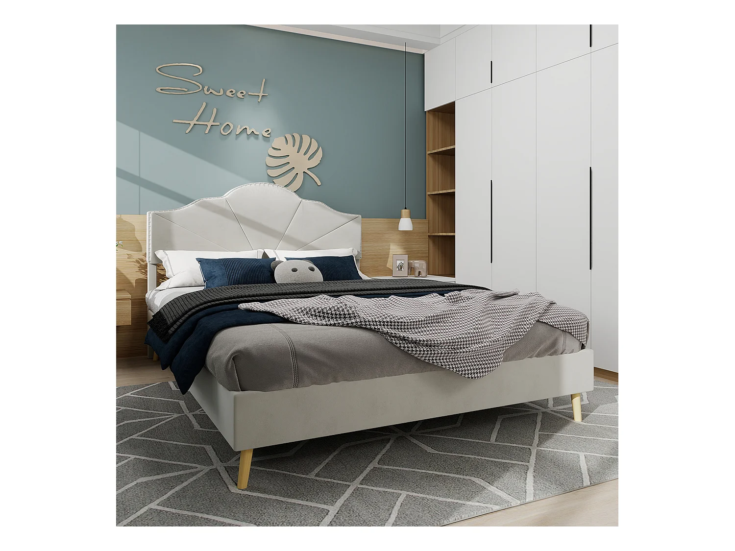 Łóżko dla dorosłych 140 x 200 cm - Łóżko dwuosobowe z miękkim zagłówkiem i drewnianymi nogami - beżowy aksamit holenderski