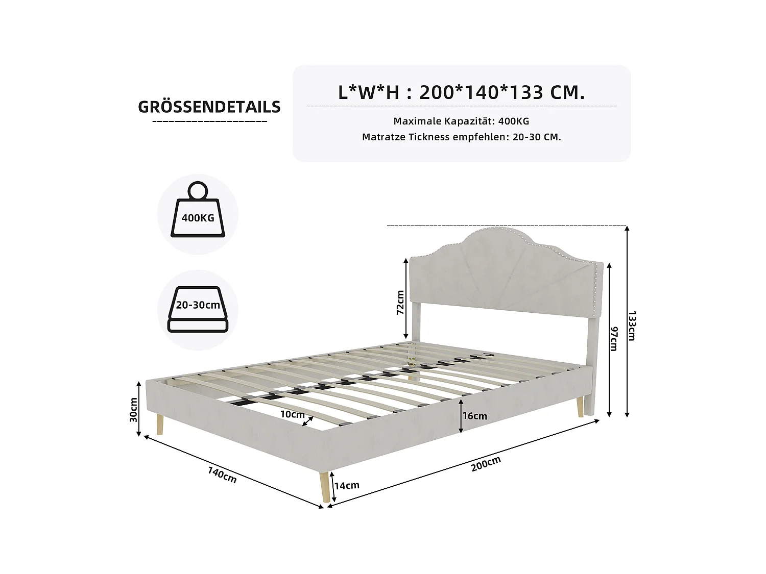 Łóżko dla dorosłych 140 x 200 cm - Łóżko dwuosobowe z miękkim zagłówkiem i drewnianymi nogami - beżowy aksamit holenderski