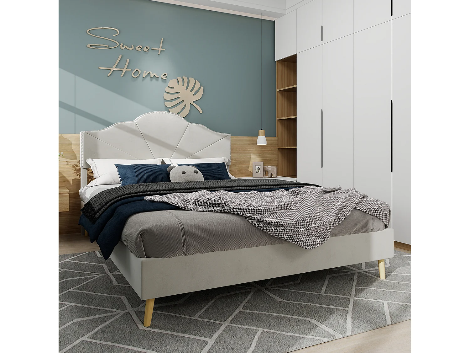 Lit adulte 140 x 200 cm - Lit double avec tête de lit moelleuse et pieds en bois - velours hollandais beige