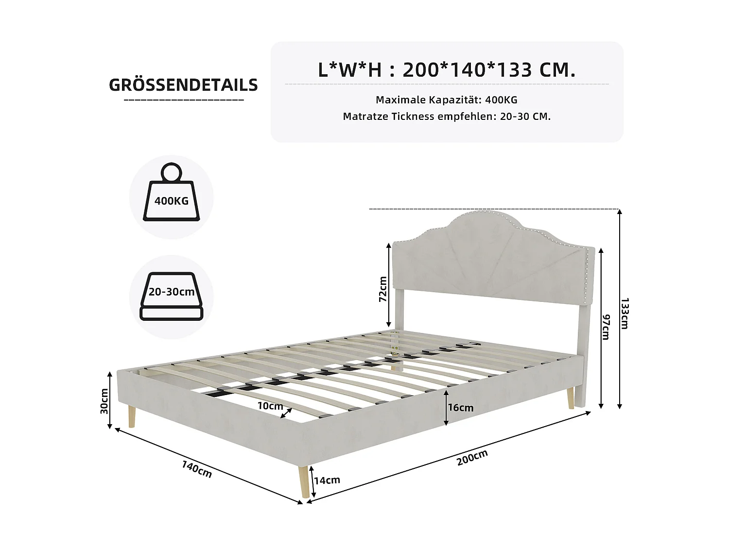 Lit adulte 140 x 200 cm - Lit double avec tête de lit moelleuse et pieds en bois - velours hollandais beige