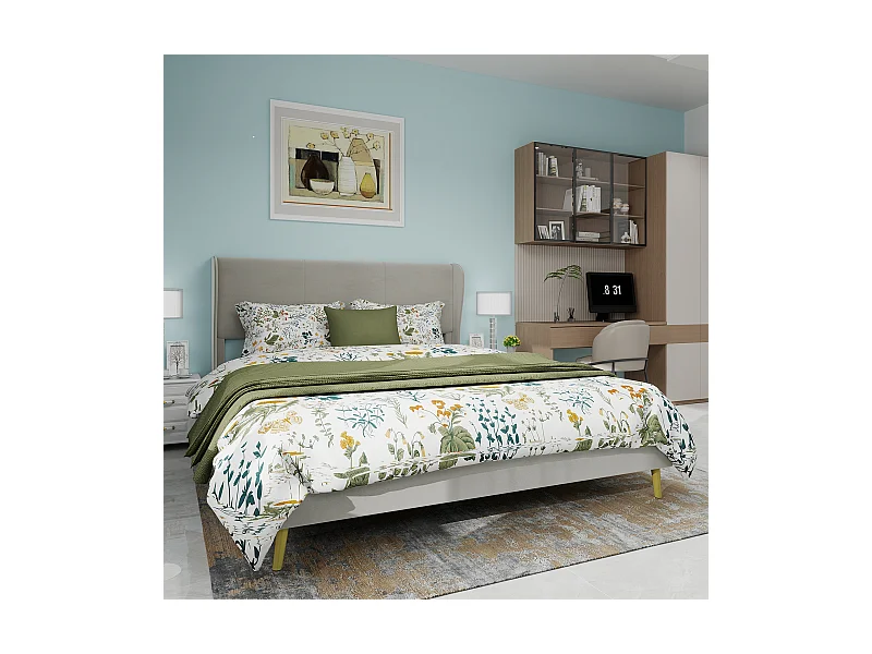 Letto per adulti 160 x 200 cm - Letto matrimoniale con gambe in legno e schienale morbido - velluto beige - materasso non incluso