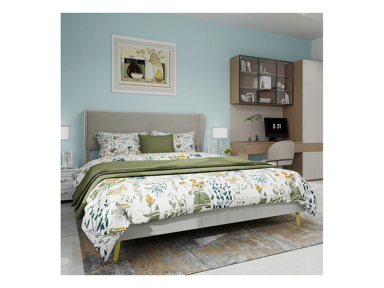 Lit adulte 160 x 200 cm - Lit double avec pieds en bois et dossier moelleux - velours beige - matelas non inclus