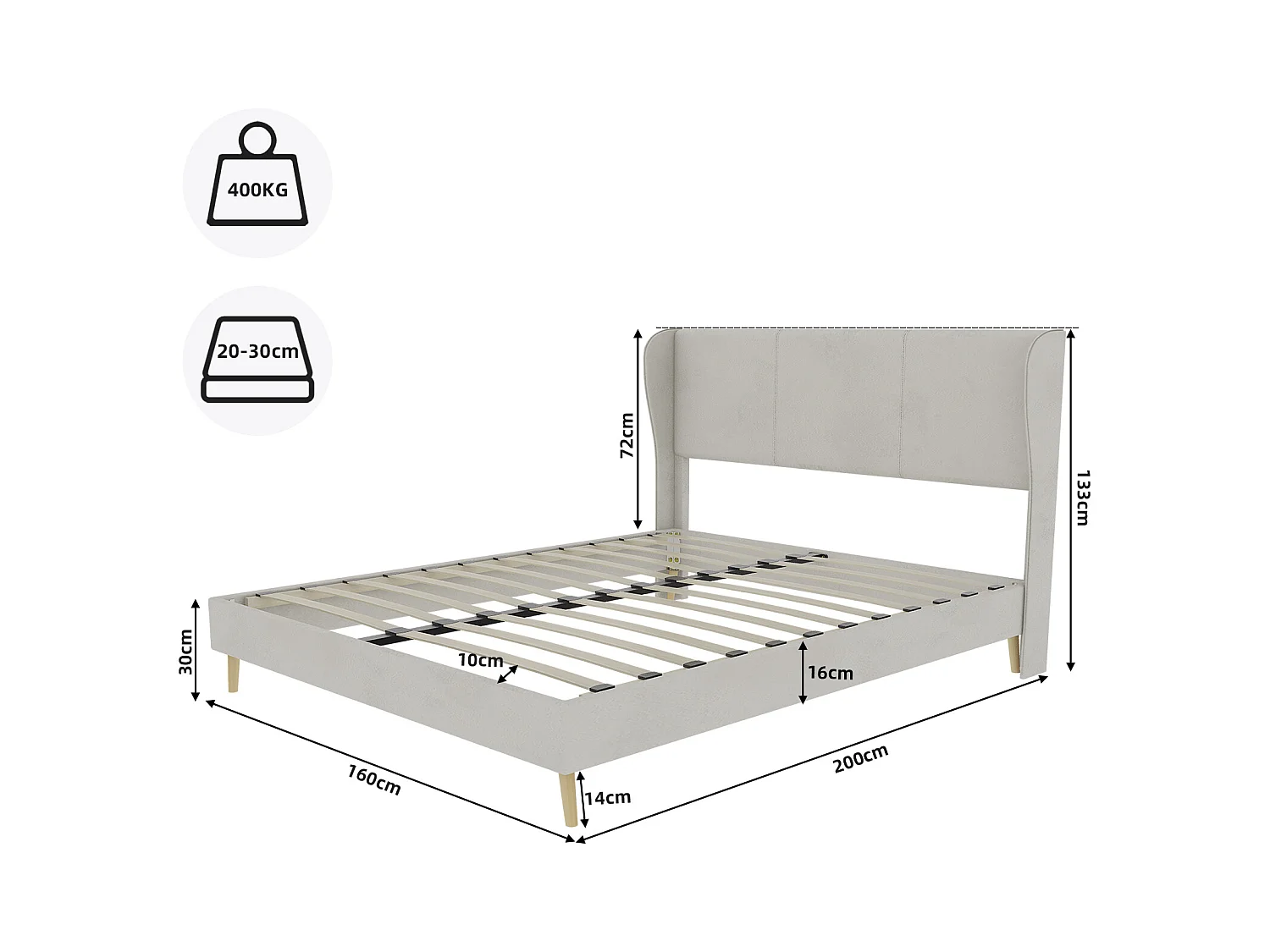 Lit adulte 160 x 200 cm - Lit double avec pieds en bois et dossier moelleux - velours beige - matelas non inclus