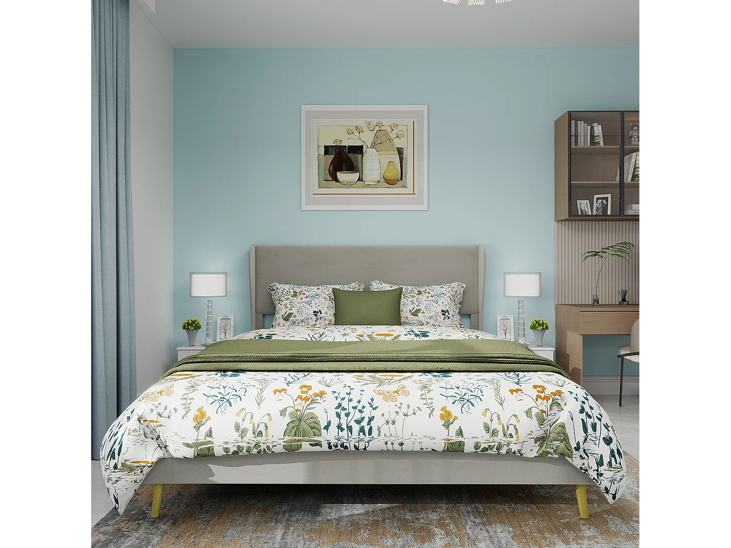 Cama de adulto 160 x 200 cm - Cama de casal com pés em madeira e encosto macio - veludo bege - colchão não incluído