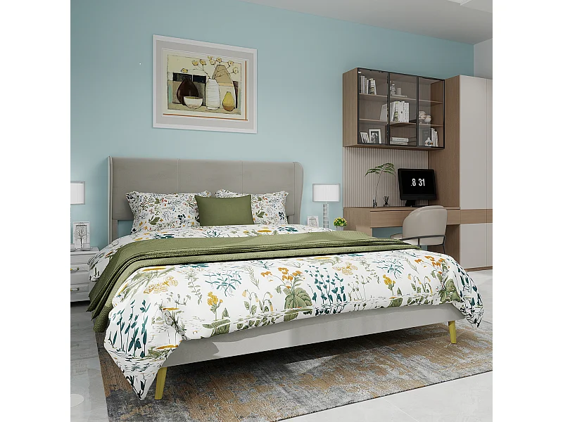 Volwassen bed 160 x 200 cm - Tweepersoonsbed met houten poten en zachte rugleuning - beige fluweel - matras niet inbegrepen