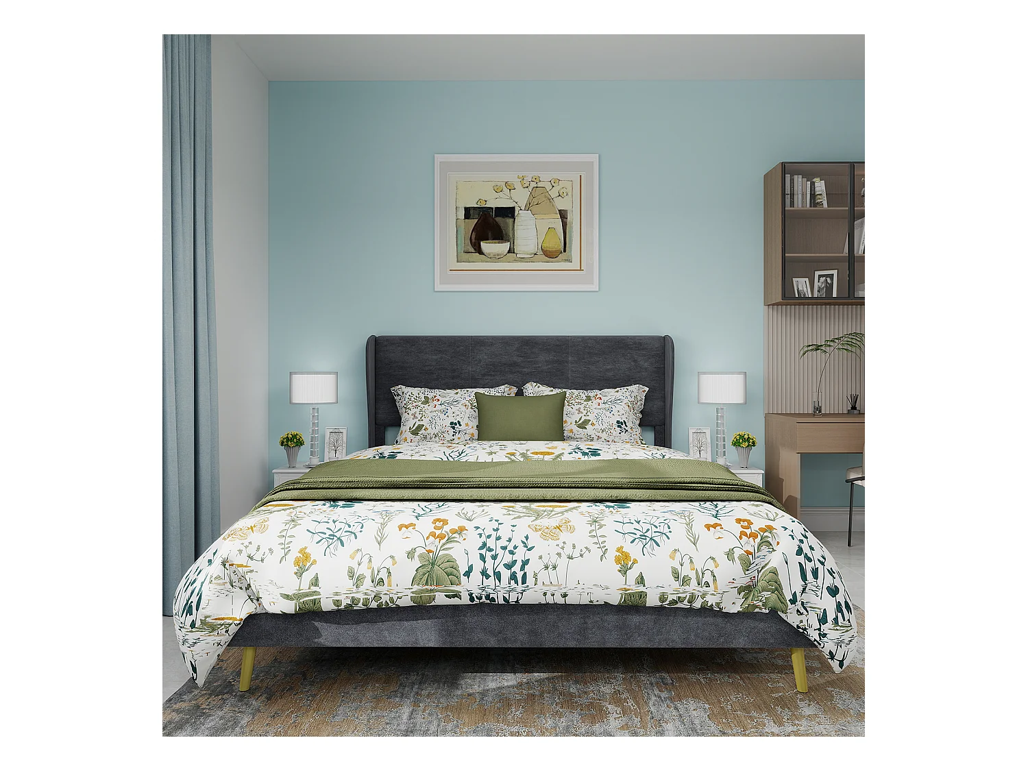 Cama de adulto 160 x 200 cm - Cama de casal com pés em madeira e encosto macio - veludo cinzento - colchão não incluído