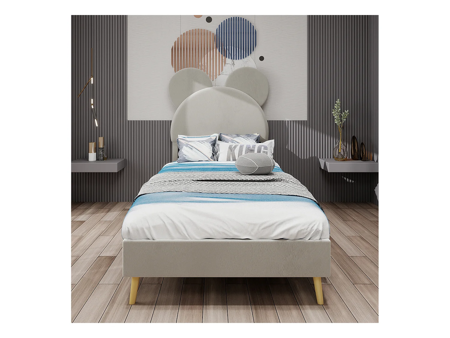 Łóżko dziecięce 90 x 200 cm - Łóżko pojedyncze z zagłówkiem w stylu kreskówki i drewnianymi nogami - beżowy aksamit - materac nie jest wliczony w cenę