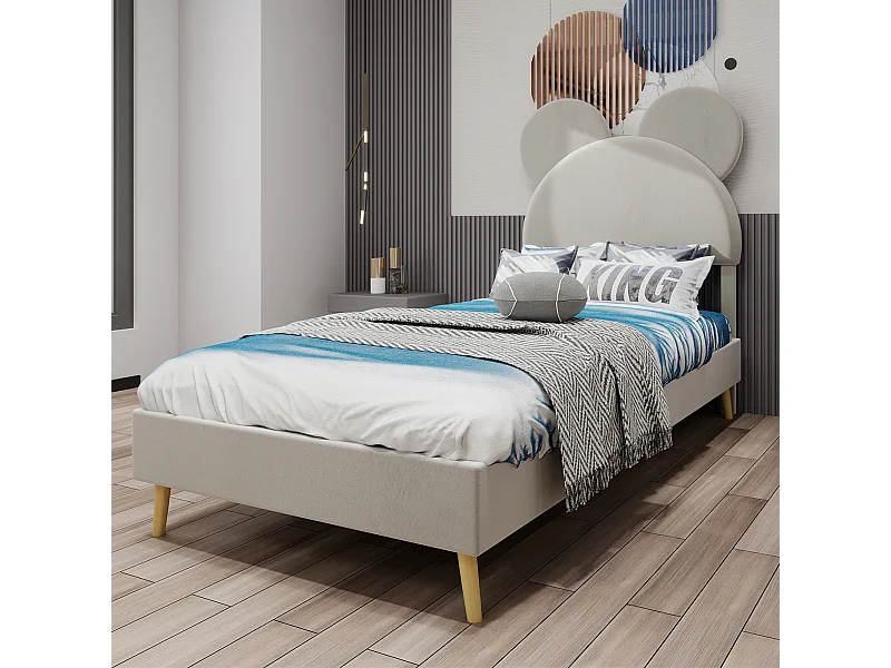 Cama infantil 90x200 cm - Cama individual con cabecero de dibujos animados y patas de madera - terciopelo beige - colchón no incluido