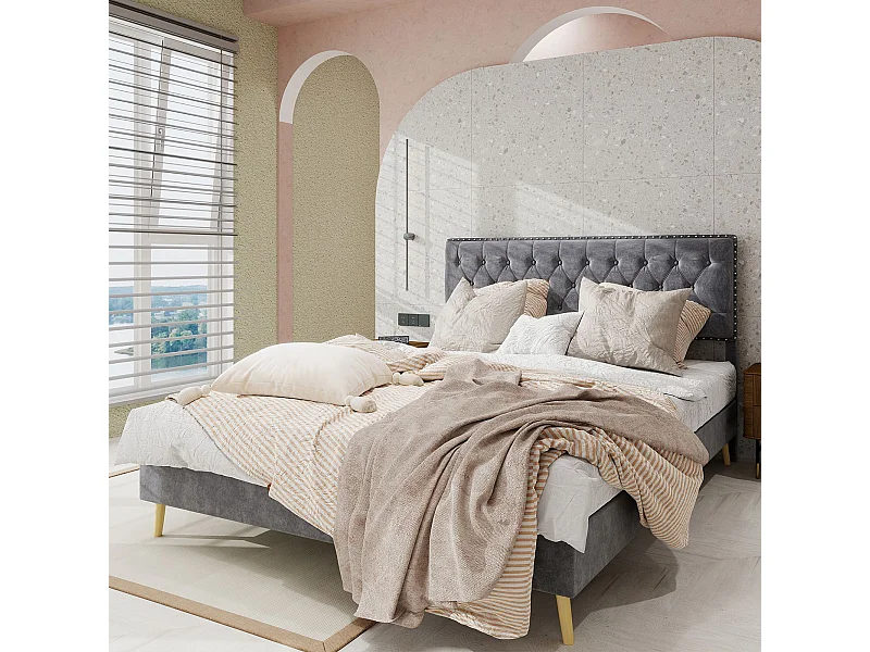 Erwachsenenbett 160 x 200 cm - Doppelbett mit weichem Kopfteil und Holzbeinen - grauer Samt - ohne Matratze