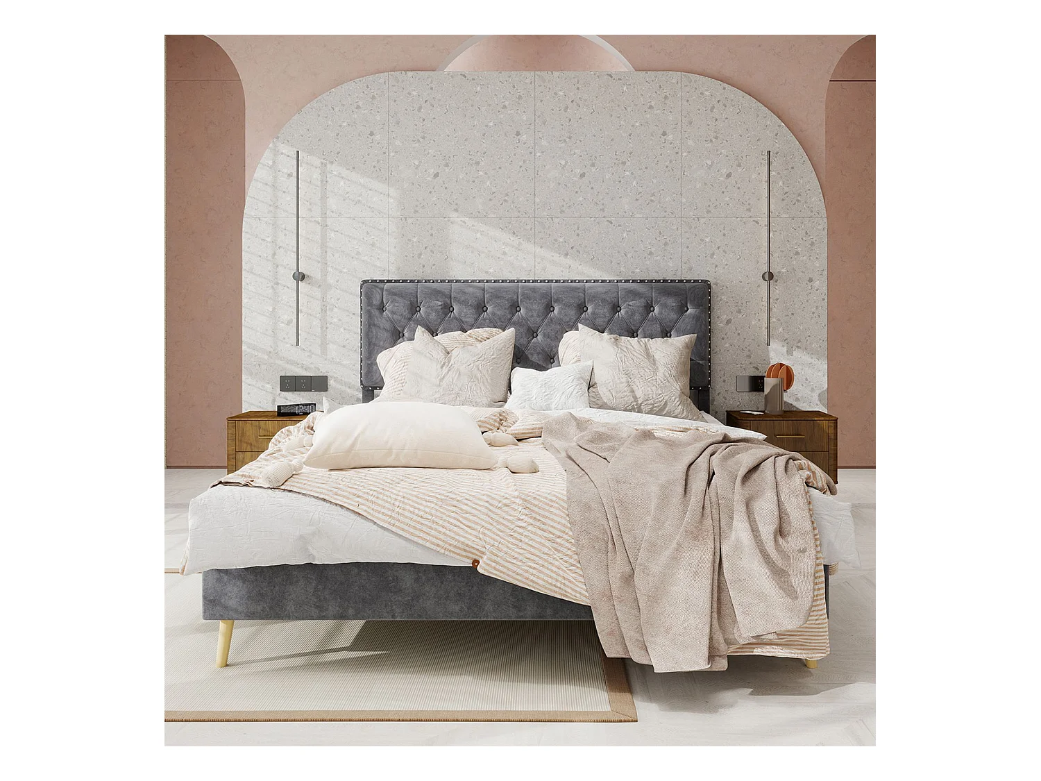 Łóżko dla dorosłych 160 x 200 cm - Łóżko małżeńskie z miękkim zagłówkiem i drewnianymi nogami - szary aksamit - bez materaca