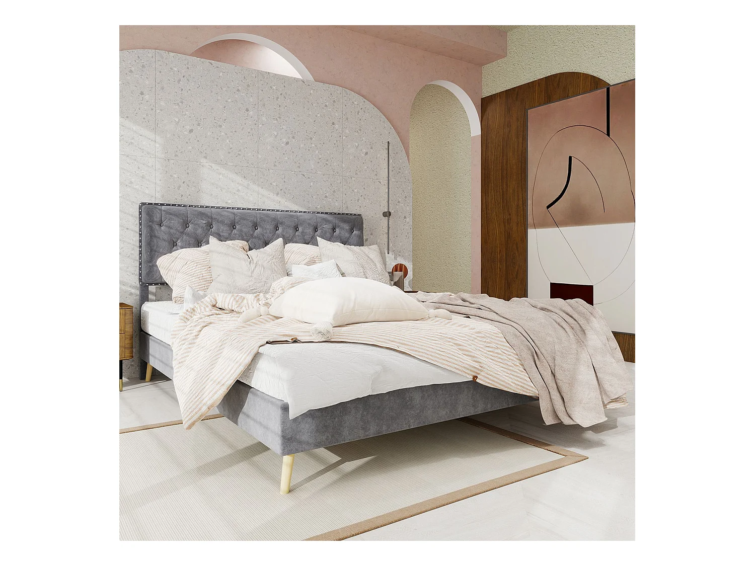 Łóżko dla dorosłych 160 x 200 cm - Łóżko małżeńskie z miękkim zagłówkiem i drewnianymi nogami - szary aksamit - bez materaca