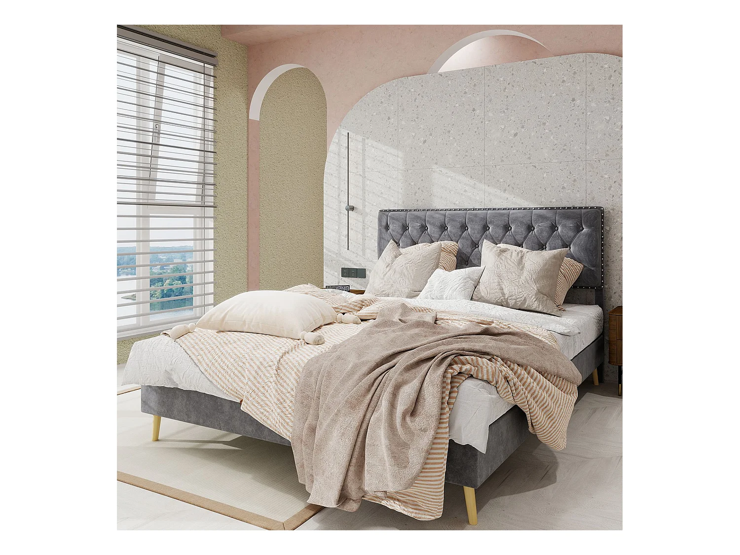Erwachsenenbett 160 x 200 cm - Doppelbett mit weichem Kopfteil und Holzbeinen - grauer Samt - ohne Matratze