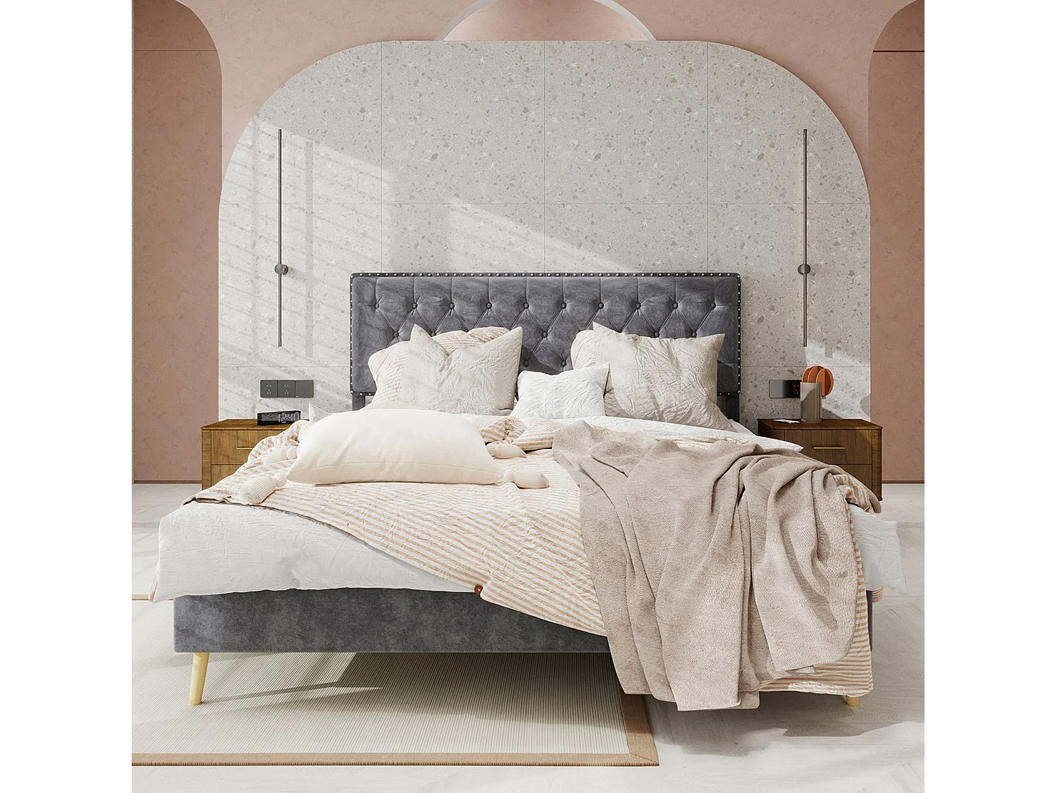 Lit adulte 160 x 200 cm - Lit double avec tête de lit moelleuse et pieds en bois - velours gris - sans matelas