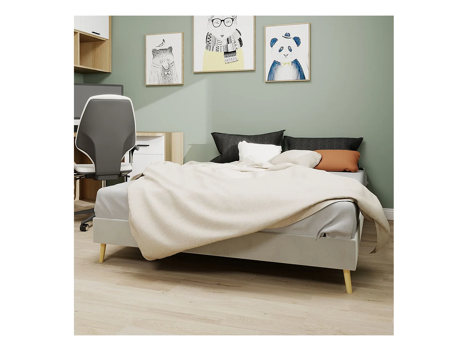 Cama de adulto 160 x 200 cm - Cama de casal com pés em madeira - veludo bege - colchão não incluído