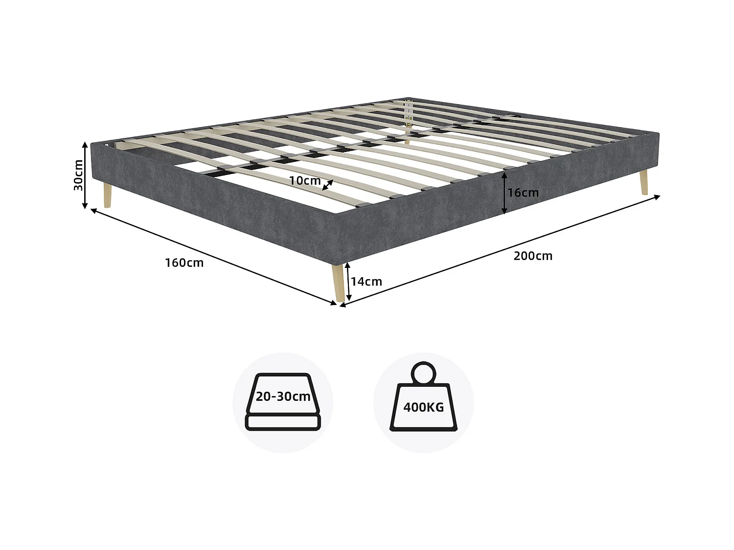Cama de adulto 160 x 200 cm - Cama de casal com pés em madeira - veludo bege - colchão não incluído
