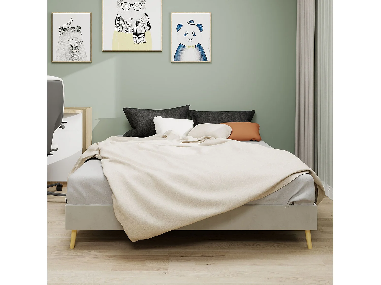 Lit adulte 160 x 200 cm - Lit double avec pieds en bois - velours beige - matelas non inclus