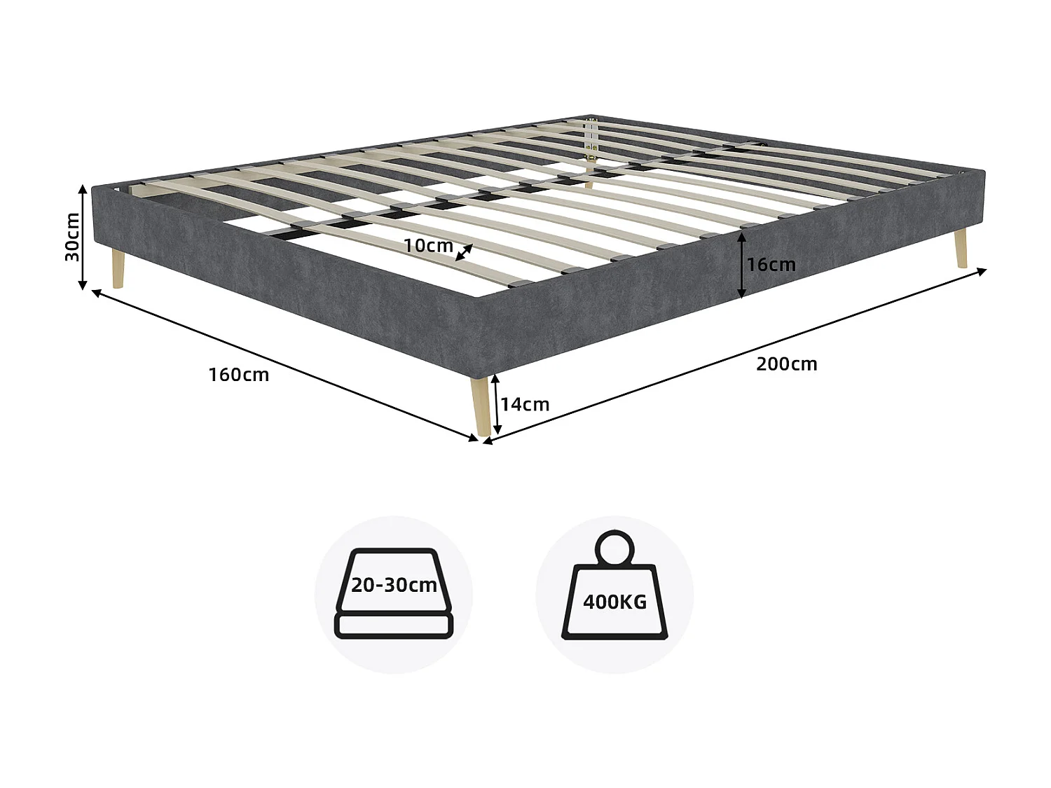 Lit adulte 160 x 200 cm - Lit double avec pieds en bois - velours beige - matelas non inclus