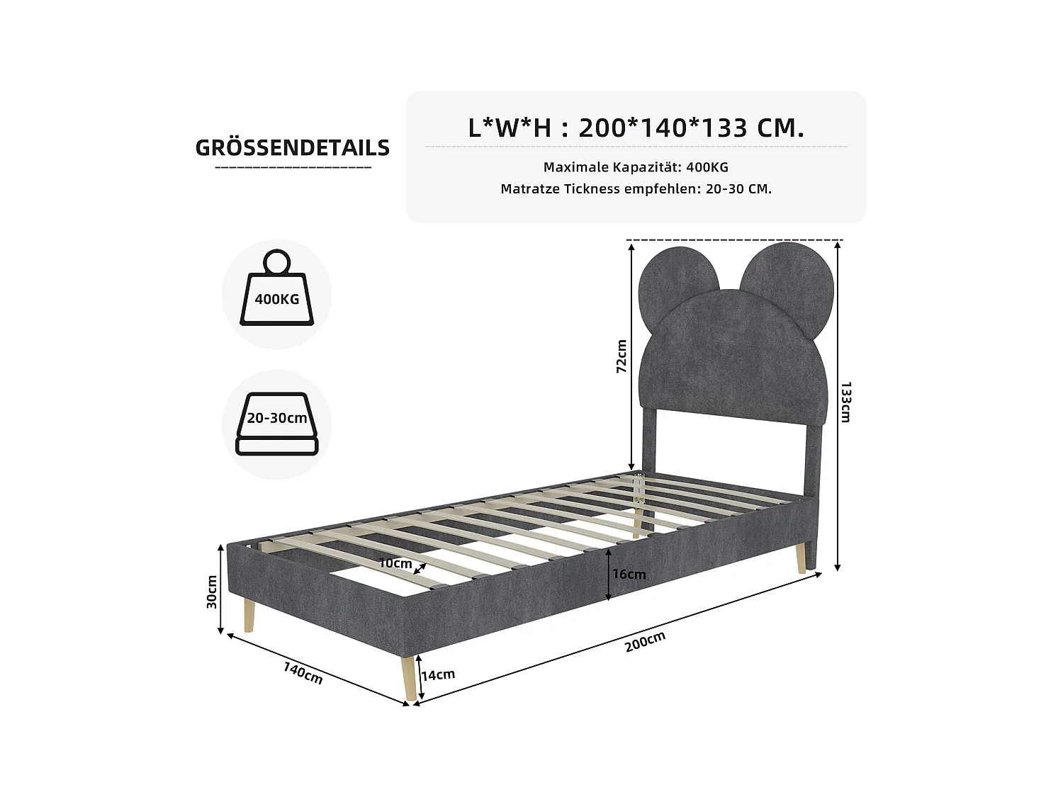 Łóżko dziecięce 140 x 200 cm - Łóżko dla dorosłych z zagłówkiem w stylu kreskówki i drewnianymi nogami - szary aksamit - materac nie jest wliczony w cenę