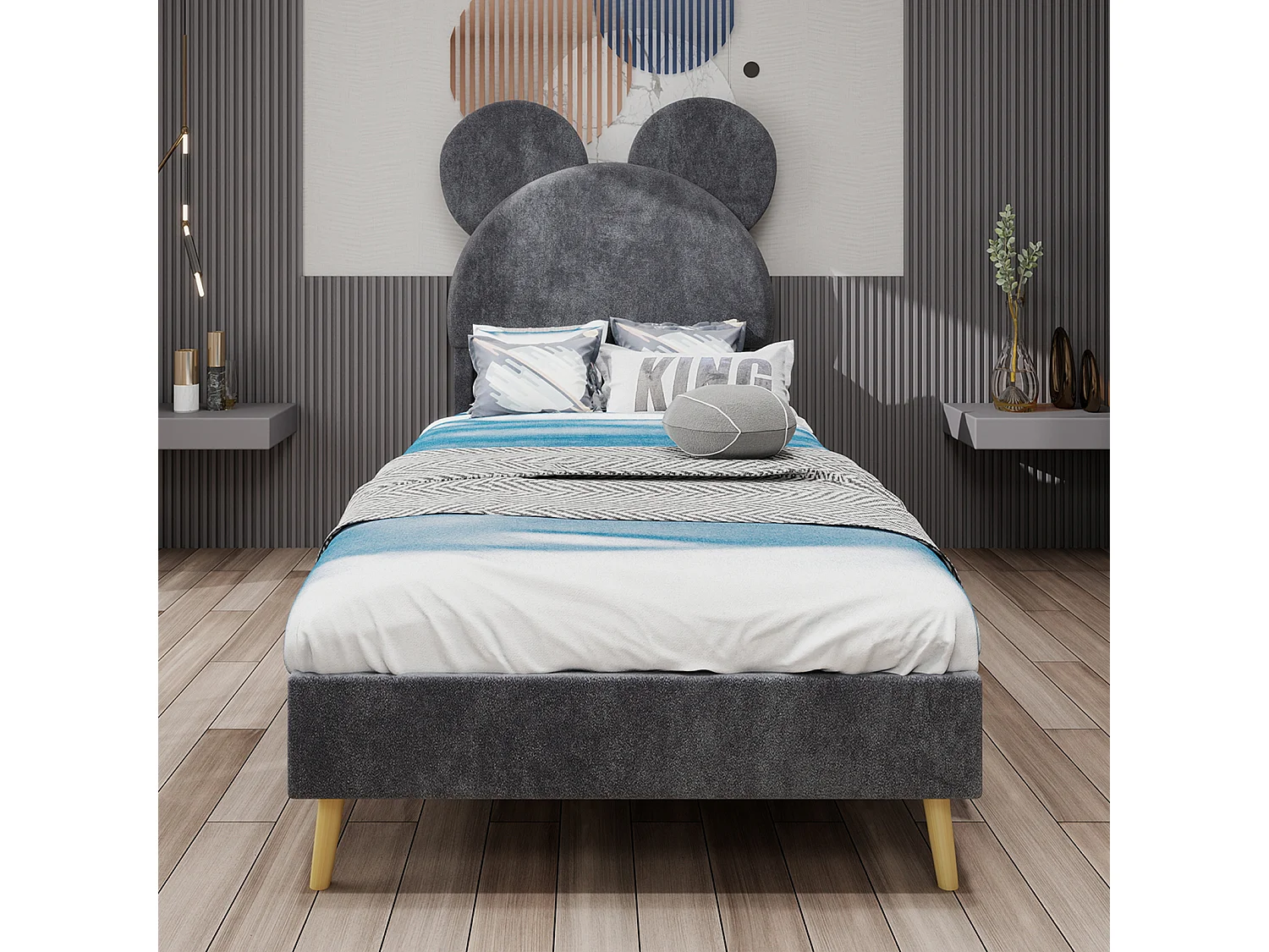 Lit enfant 140 x 200 cm - Lit adulte avec tête de lit dessin animé et pieds en bois - velours gris - matelas non inclus