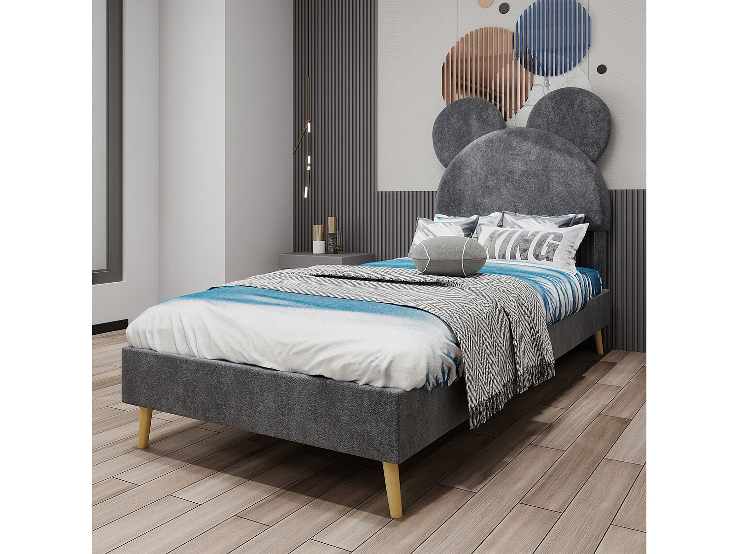 Lit enfant 140 x 200 cm - Lit adulte avec tête de lit dessin animé et pieds en bois - velours gris - matelas non inclus