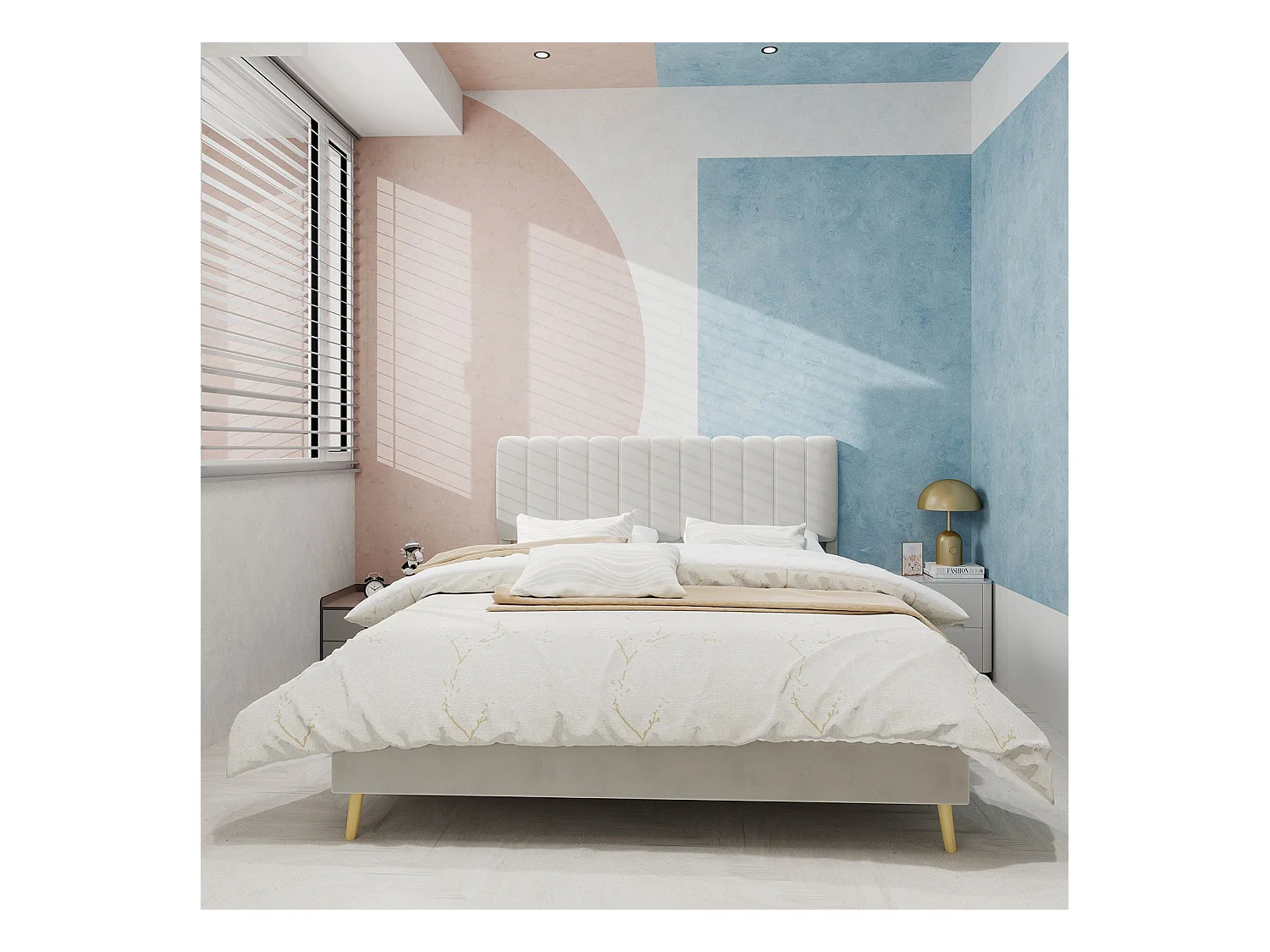 Łóżko dla dorosłych 140 x 200 cm - Łóżko małżeńskie z miękkim zagłówkiem i drewnianymi nogami - beżowy aksamit - materac nie jest wliczony w cenę