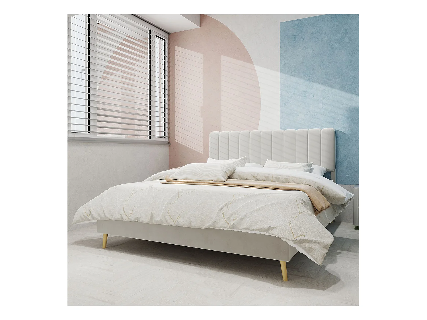 Erwachsenenbett 140 x 200 cm – Doppelbett mit weichem Kopfteil und Holzbeinen – beiger Samt – Matratze nicht enthalten