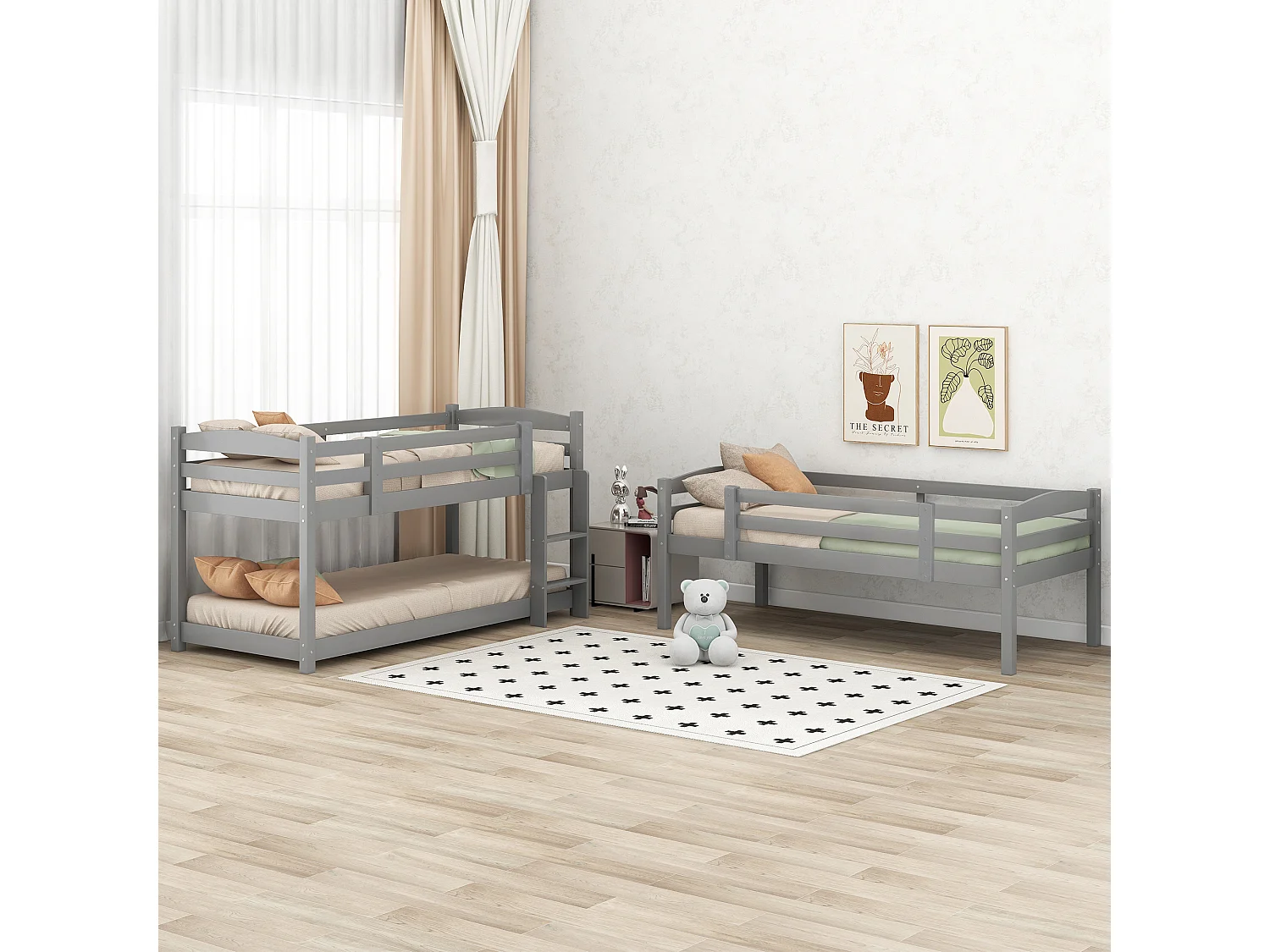 Dreier-Etagenbett 90 x 200 cm - Kinderbett mit Treppe und Sicherheitsbarriere - Graues Holz - Matratze nicht enthalten