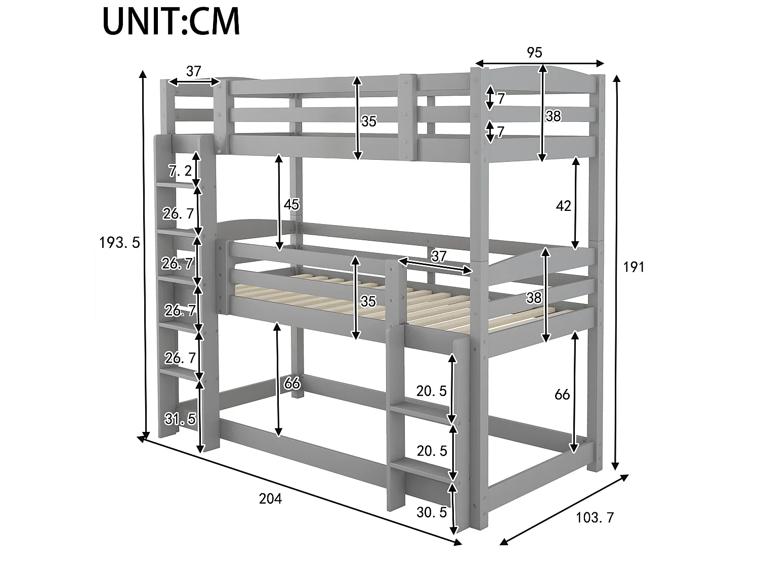 Dreier-Etagenbett 90 x 200 cm - Kinderbett mit Treppe und Sicherheitsbarriere - Graues Holz - Matratze nicht enthalten